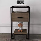 Table de chevet COZONY avec plateau en verre trempé, tiroir en bois, pieds réglables, table d'appoint pour chambre à coucher et salon