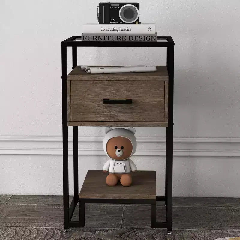 Table de chevet COZONY avec plateau en verre trempé, tiroir en bois, pieds réglables, table d'appoint pour chambre à coucher et salon