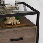Table de chevet COZONY avec plateau en verre trempé, tiroir en bois, pieds réglables, table d'appoint pour chambre à coucher et salon