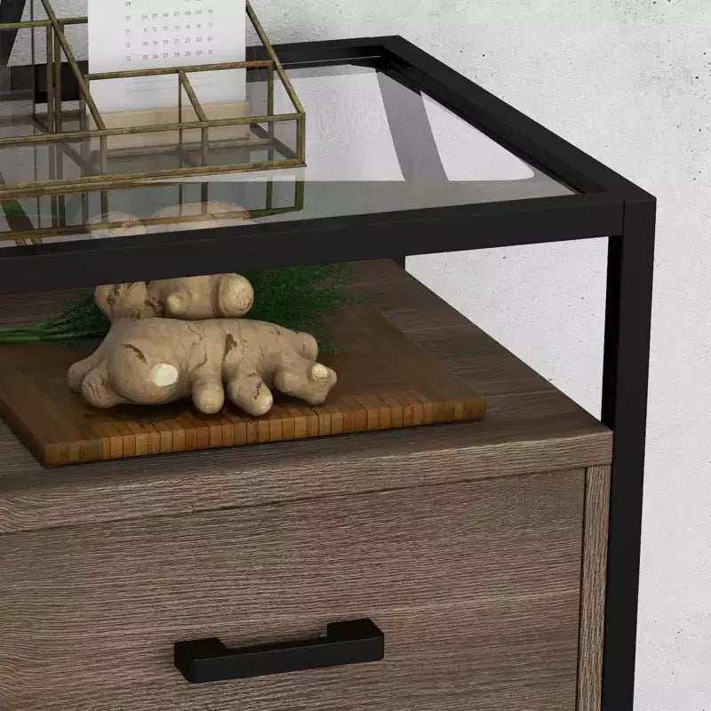 Table de chevet COZONY avec plateau en verre trempé, tiroir en bois, pieds réglables, table d'appoint pour chambre à coucher et salon