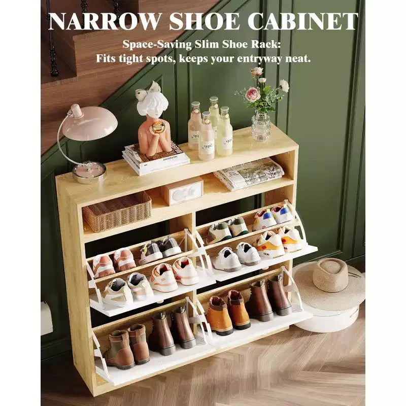GustoWave Meuble à Chaussures Étroit avec 4 Tiroirs Rabattables et Étagère Ouverte, Organisateur de Chaussures Autoportant en Bois avec Étagères