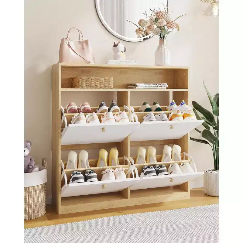 GustoWave Meuble à Chaussures Étroit avec 4 Tiroirs Rabattables et Étagère Ouverte, Organisateur de Chaussures Autoportant en Bois avec Étagères