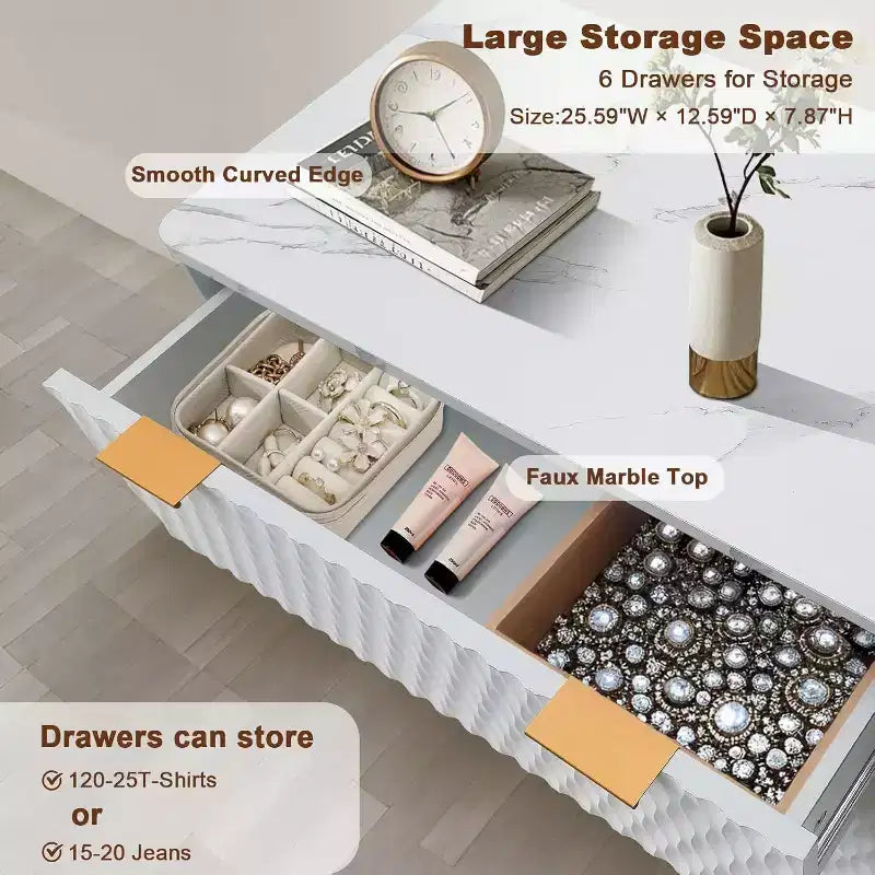 Tiroirs de rangement, commode six tiroirs de 137 cm, coiffeuse de chambre à coucher avec plateau en imitation marbre pour chambre à coucher, salon, entrée