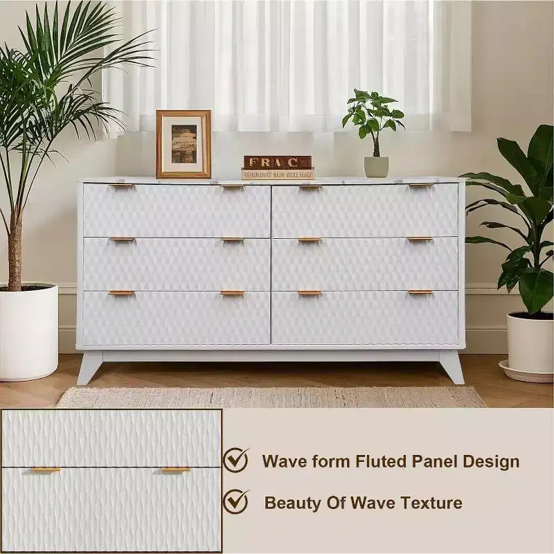 Tiroirs de rangement, commode six tiroirs de 137 cm, coiffeuse de chambre à coucher avec plateau en imitation marbre pour chambre à coucher, salon, entrée