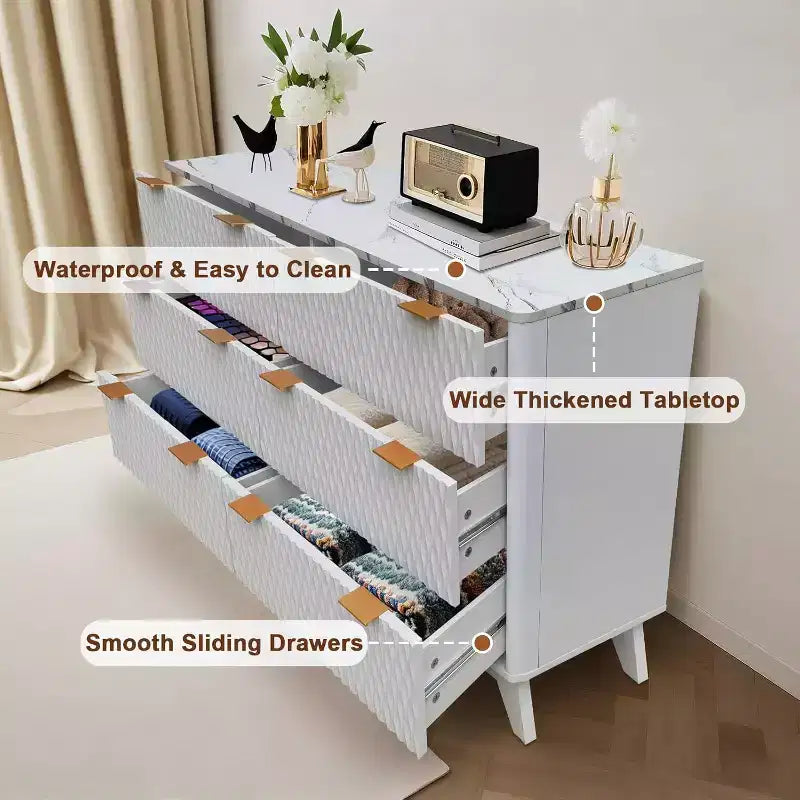 Tiroirs de rangement, commode six tiroirs de 137 cm, coiffeuse de chambre à coucher avec plateau en imitation marbre pour chambre à coucher, salon, entrée