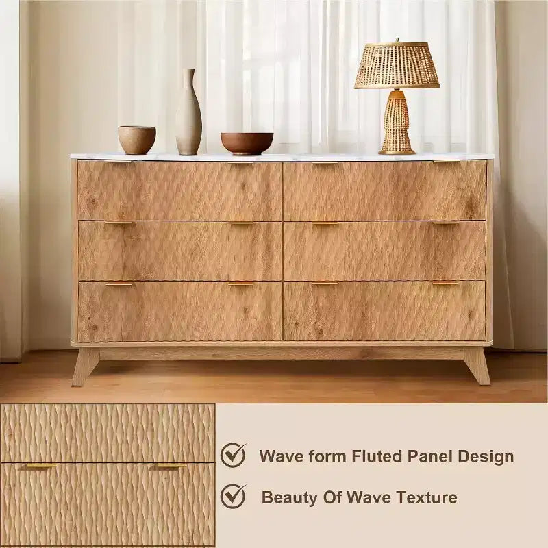 Tiroirs de rangement, commode six tiroirs de 137 cm, coiffeuse de chambre à coucher avec plateau en imitation marbre pour chambre à coucher, salon, entrée