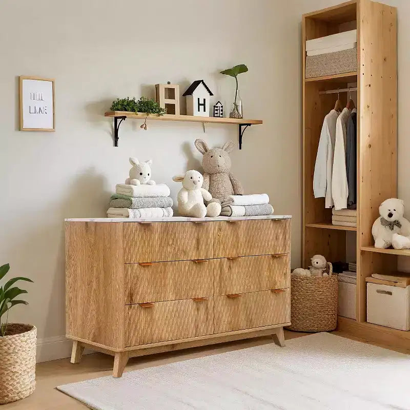 Tiroirs de rangement, commode six tiroirs de 137 cm, coiffeuse de chambre à coucher avec plateau en imitation marbre pour chambre à coucher, salon, entrée