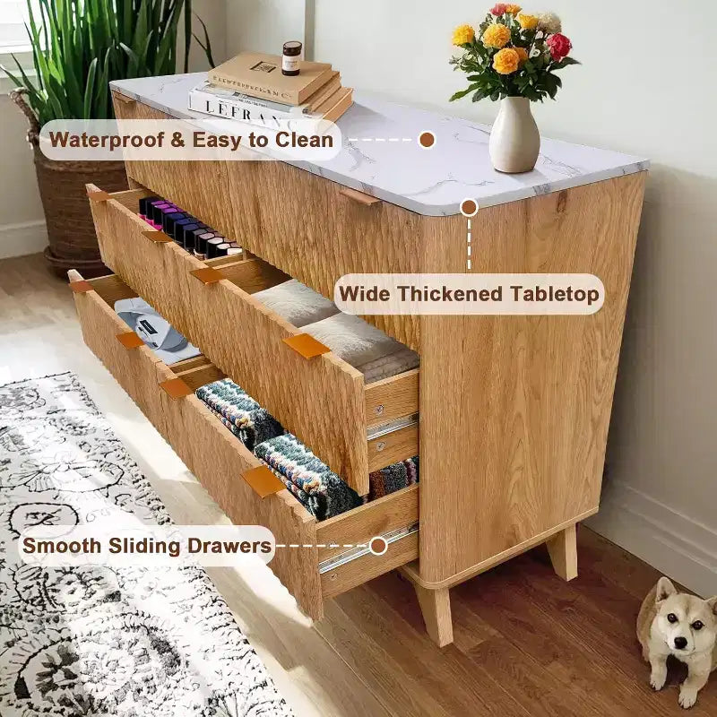 Tiroirs de rangement, commode six tiroirs de 137 cm, coiffeuse de chambre à coucher avec plateau en imitation marbre pour chambre à coucher, salon, entrée