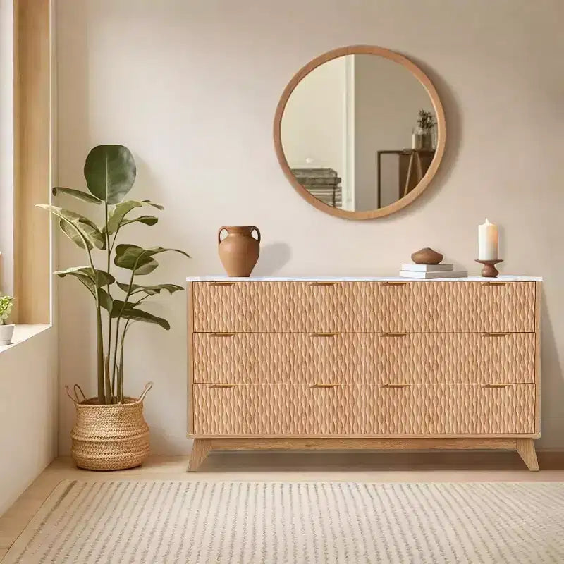 Storage drawers, 54-inch six-drawer chest, bedroom dressing table with imitation marble top for bedroom living room entryway