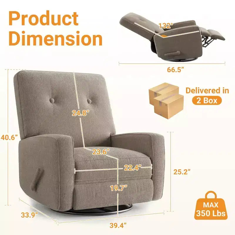 Fauteuil inclinable GustoWave, Fauteuil à bascule pivotant à 360° pour adultes avec dossier et repose-pieds réglables, Fauteuil confortable en velours côtelé, Rose