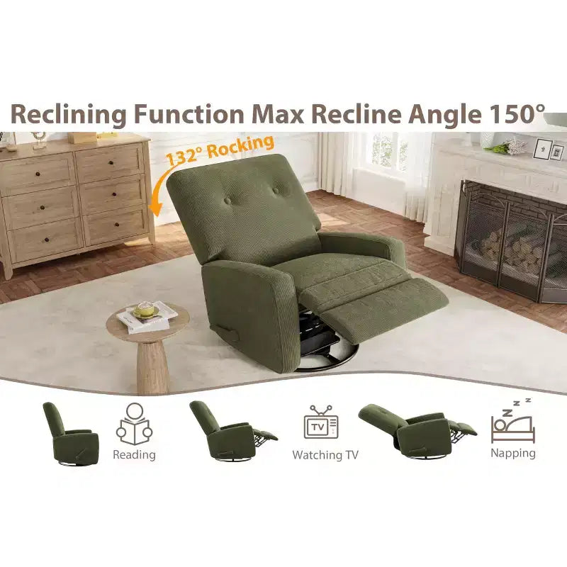 Fauteuil inclinable GustoWave, Fauteuil à bascule pivotant à 360° pour adultes avec dossier et repose-pieds réglables, Fauteuil confortable en velours côtelé, Rose
