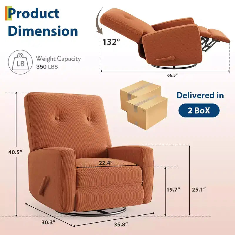 Fauteuil inclinable GustoWave, Fauteuil à bascule pivotant à 360° pour adultes avec dossier et repose-pieds réglables, Fauteuil confortable en velours côtelé, Rose
