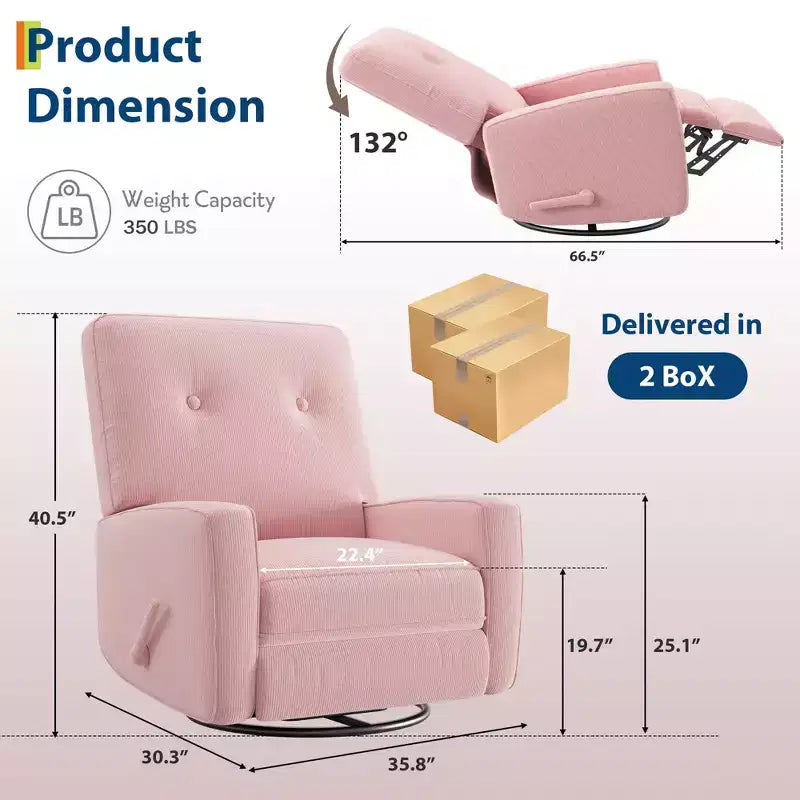 Fauteuil inclinable GustoWave, Fauteuil à bascule pivotant à 360° pour adultes avec dossier et repose-pieds réglables, Fauteuil confortable en velours côtelé, Rose