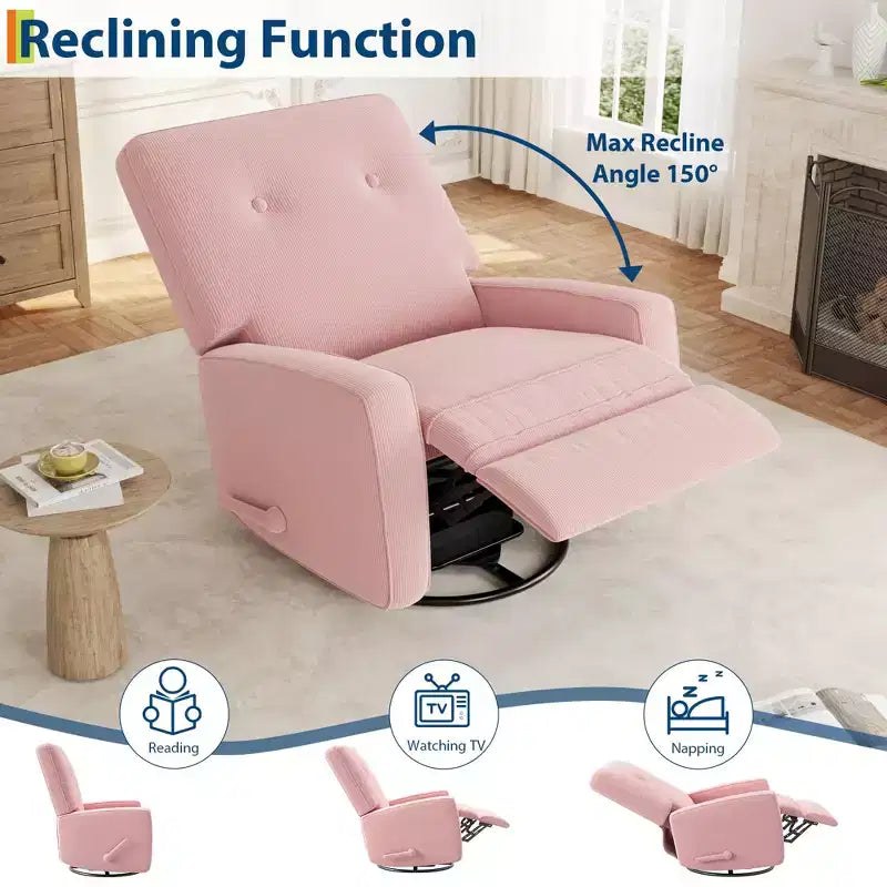 Fauteuil inclinable GustoWave, Fauteuil à bascule pivotant à 360° pour adultes avec dossier et repose-pieds réglables, Fauteuil confortable en velours côtelé, Rose