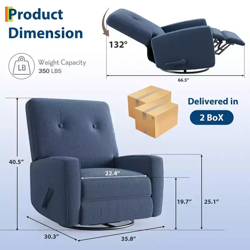Fauteuil inclinable GustoWave, Fauteuil à bascule pivotant à 360° pour adultes avec dossier et repose-pieds réglables, Fauteuil confortable en velours côtelé, Rose