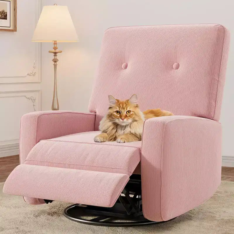 Fauteuil inclinable GustoWave, Fauteuil à bascule pivotant à 360° pour adultes avec dossier et repose-pieds réglables, Fauteuil confortable en velours côtelé, Rose
