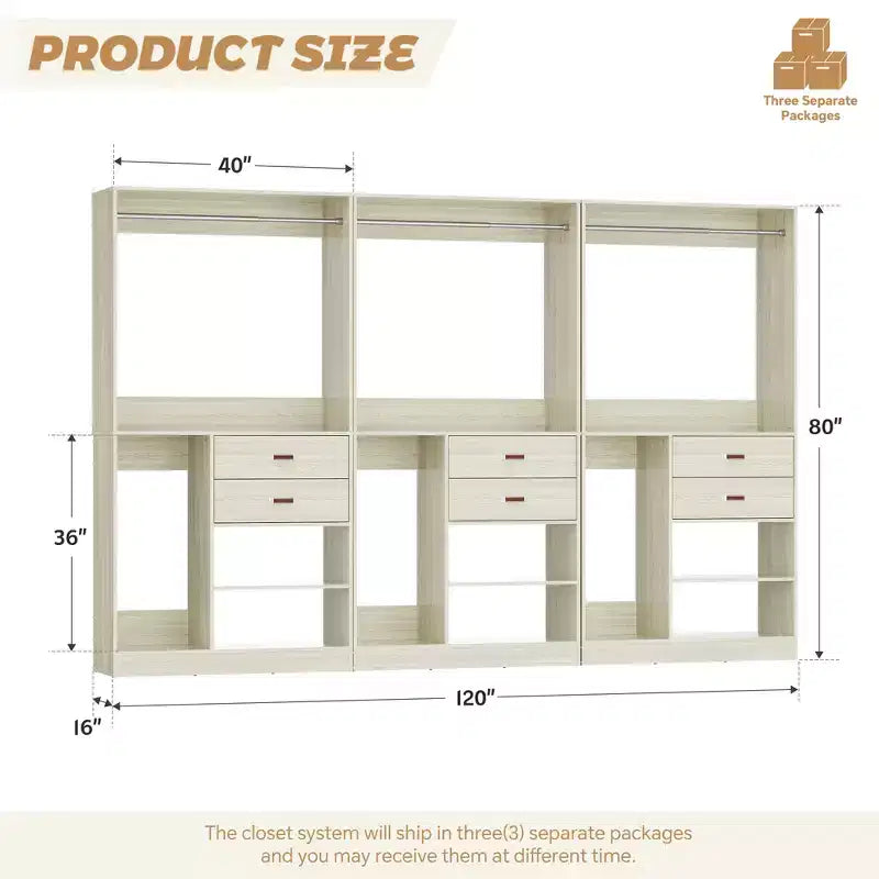 Système d'organisation de placard Besiost 40 pouces avec tiroirs, armoire autoportante avec tringles de suspension