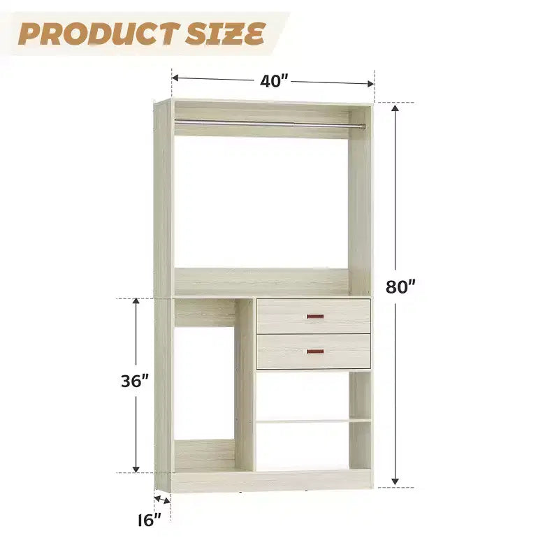 Système d'organisation de placard Besiost 40 pouces avec tiroirs, armoire autoportante avec tringles de suspension