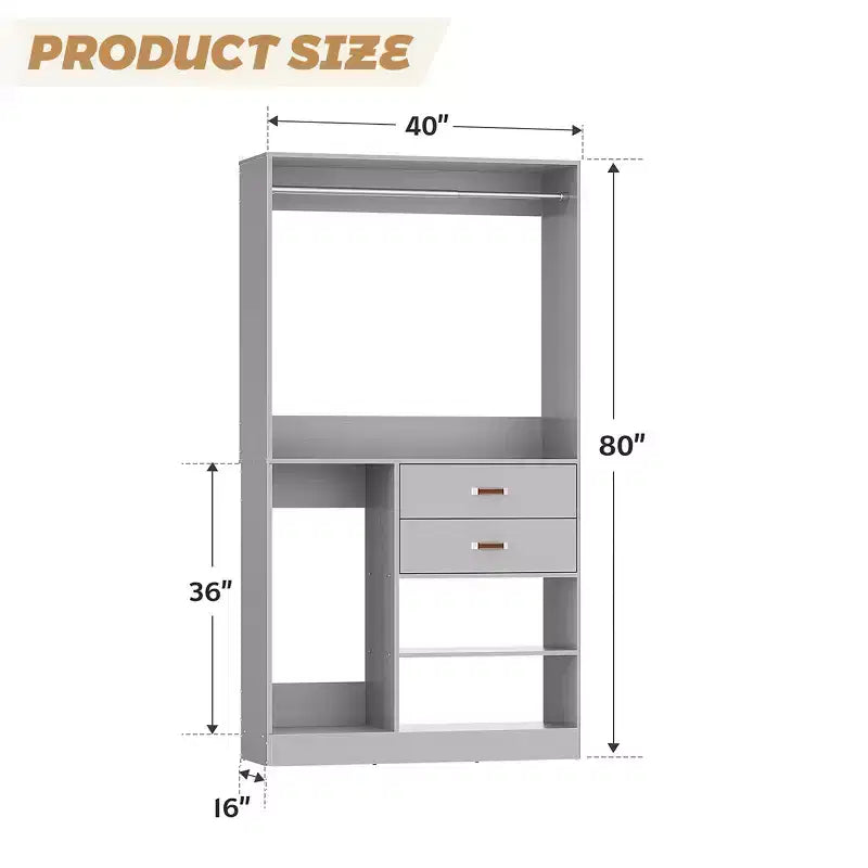 Système d'organisation de placard Besiost 40 pouces avec tiroirs, armoire autoportante avec tringles de suspension