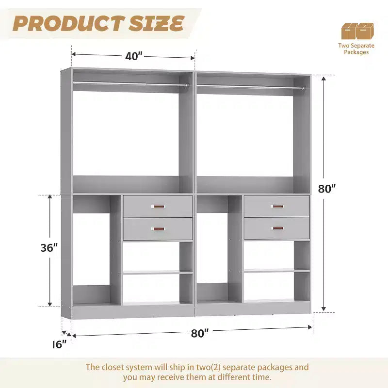 Système d'organisation de placard Besiost 40 pouces avec tiroirs, armoire autoportante avec tringles de suspension