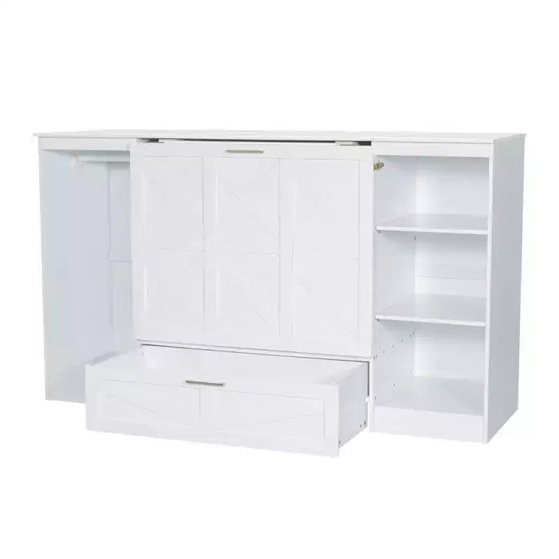Lit escamotable double avec étagères de chevet et armoire, lit pliant en bois pour chambre d'amis et bureau à domicile, blanc