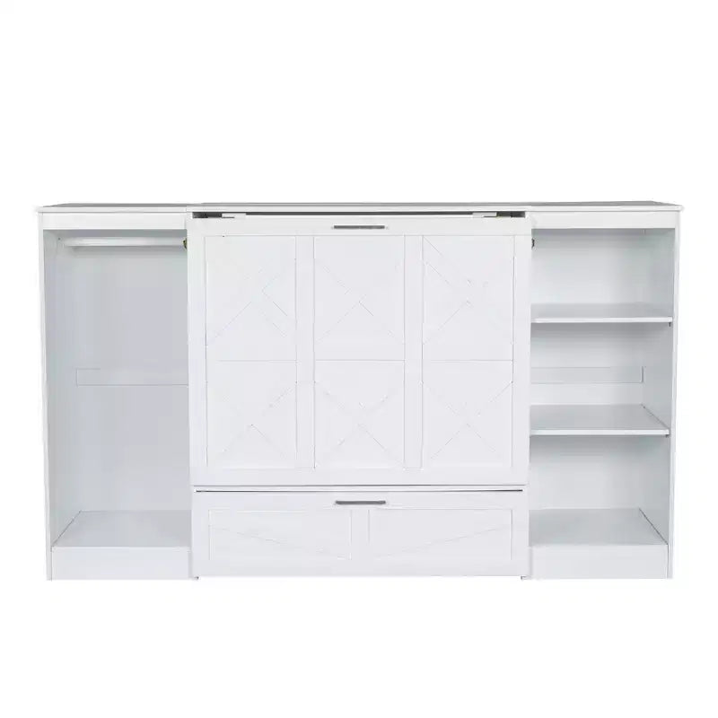 Lit escamotable double avec étagères de chevet et armoire, lit pliant en bois pour chambre d'amis et bureau à domicile, blanc