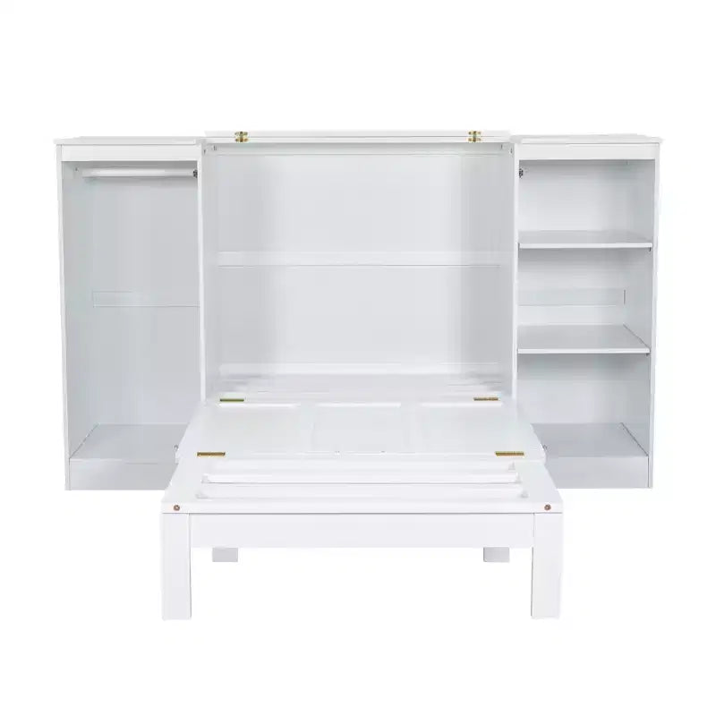 Lit escamotable double avec étagères de chevet et armoire, lit pliant en bois pour chambre d'amis et bureau à domicile, blanc