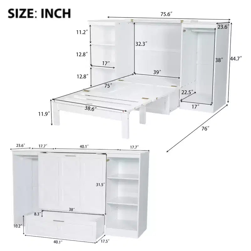 Lit escamotable double avec étagères de chevet et armoire, lit pliant en bois pour chambre d'amis et bureau à domicile, blanc