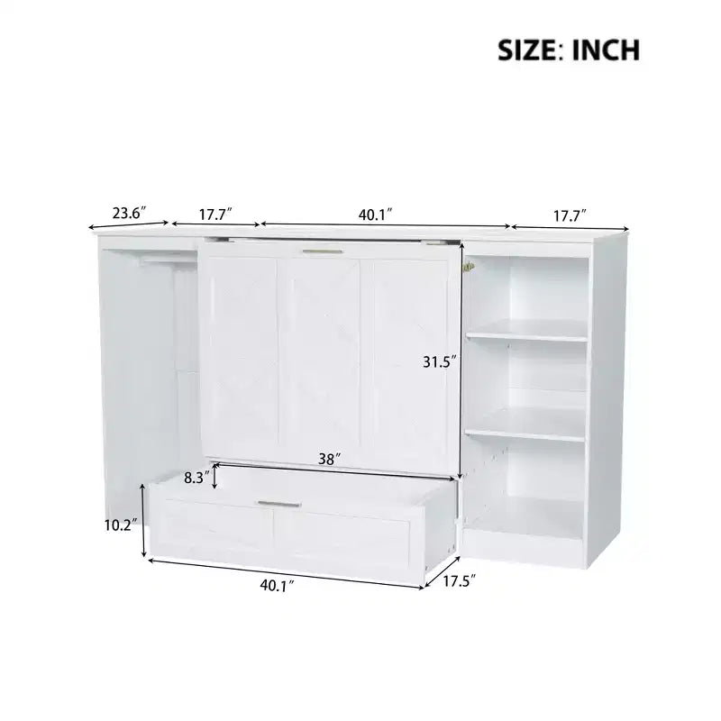 Lit escamotable double avec étagères de chevet et armoire, lit pliant en bois pour chambre d'amis et bureau à domicile, blanc