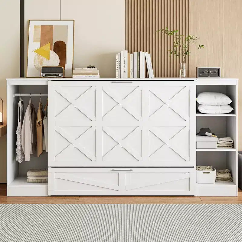 Lit escamotable double avec étagères de chevet et armoire, lit pliant en bois pour chambre d'amis et bureau à domicile, blanc
