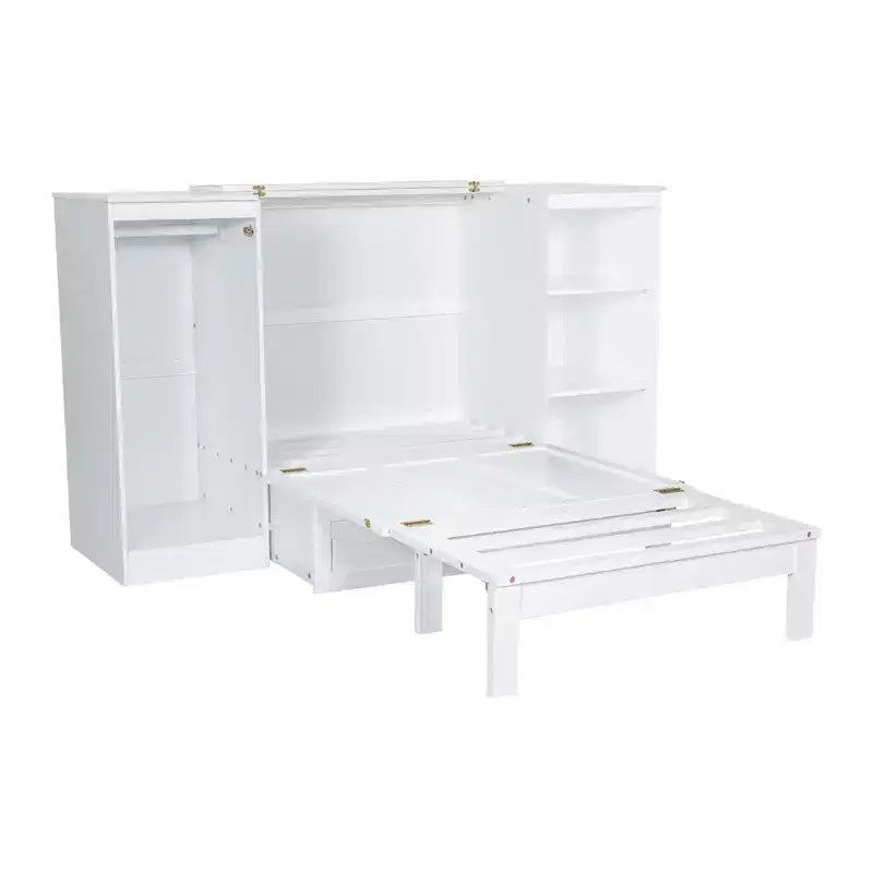 Lit escamotable double avec étagères de chevet et armoire, lit pliant en bois pour chambre d'amis et bureau à domicile, blanc