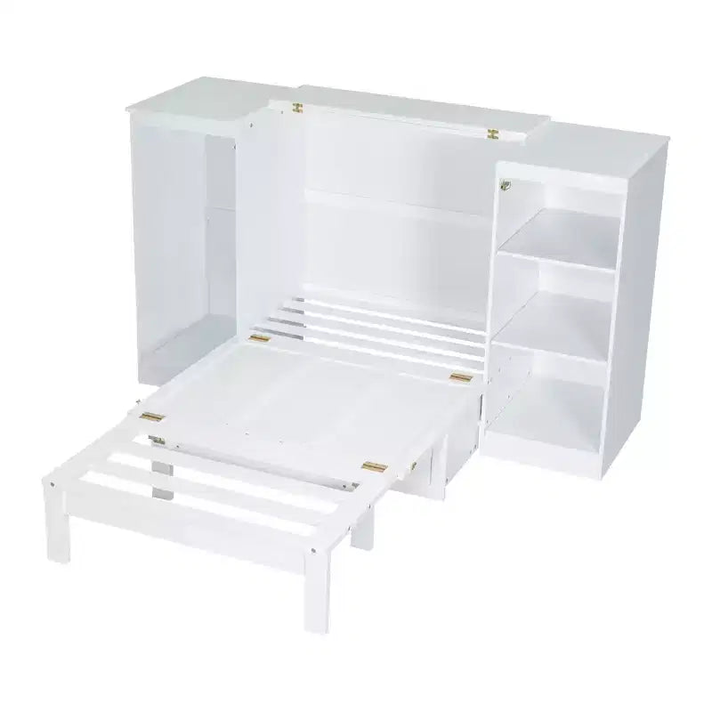 Lit escamotable double avec étagères de chevet et armoire, lit pliant en bois pour chambre d'amis et bureau à domicile, blanc