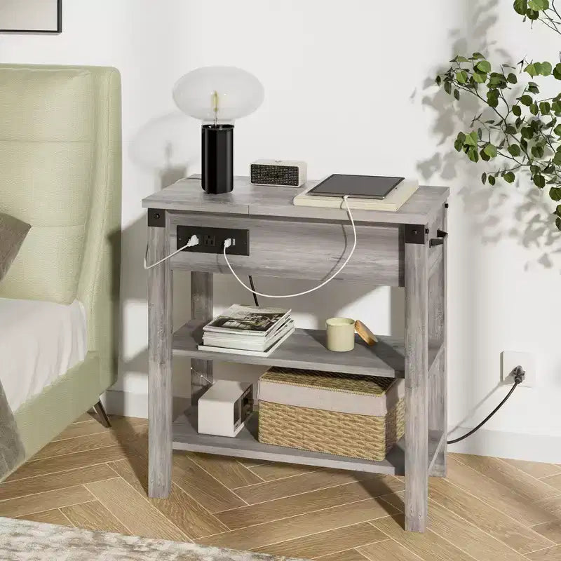 COZONY End Table Nightstand with Charging Station, 3-Tier Drawer Storage, Narrow Side Table for Living Room Bedroom Office