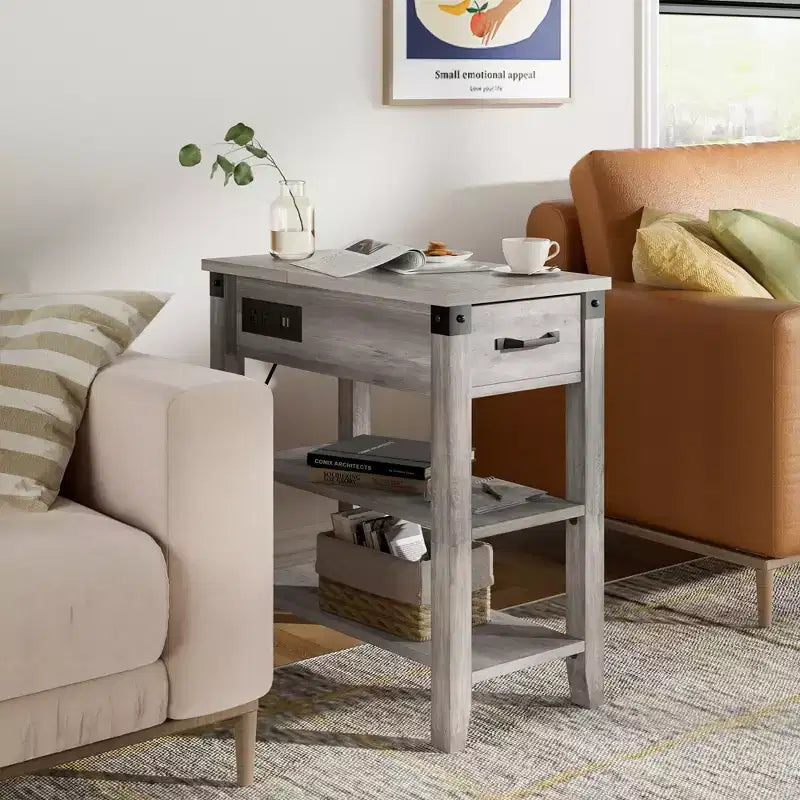 Table de chevet COZONY avec station de charge, rangement à tiroirs à 3 niveaux, table d'appoint étroite pour salon, chambre à coucher, bureau