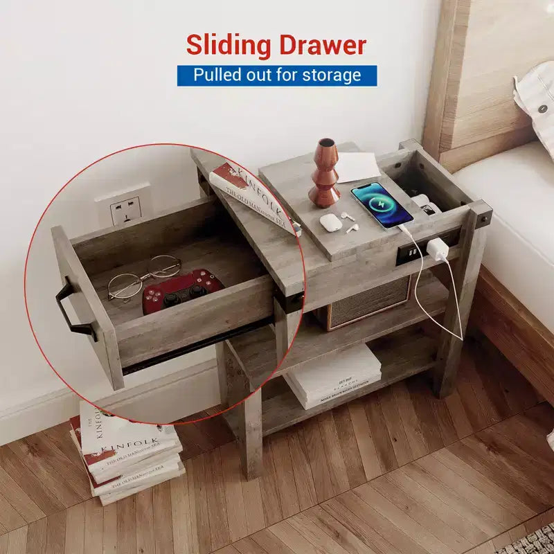 Table de chevet COZONY avec station de charge, rangement à tiroirs à 3 niveaux, table d'appoint étroite pour salon, chambre à coucher, bureau