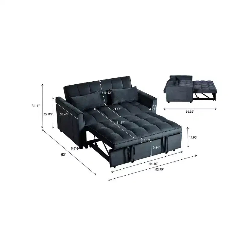 MAYEERTY Canapé convertible moderne, velours, avec accoudoirs réglables, oreillers et poches pour salon, noir
