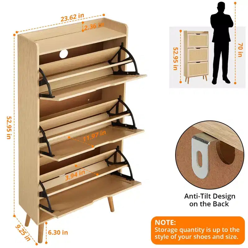 Meuble à chaussures avec 3 tiroirs basculants en rotin et dispositif anti-basculement, meuble à chaussures pour entrée, couloir, capacité de 15 à 20 paires
