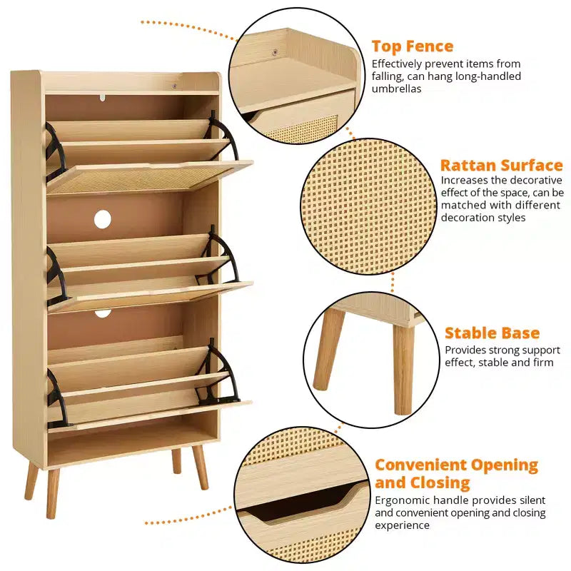 Meuble à chaussures avec 3 tiroirs basculants en rotin et dispositif anti-basculement, meuble à chaussures pour entrée, couloir, capacité de 15 à 20 paires