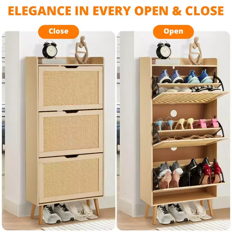 Meuble à chaussures avec 3 tiroirs basculants en rotin et dispositif anti-basculement, meuble à chaussures pour entrée, couloir, capacité de 15 à 20 paires