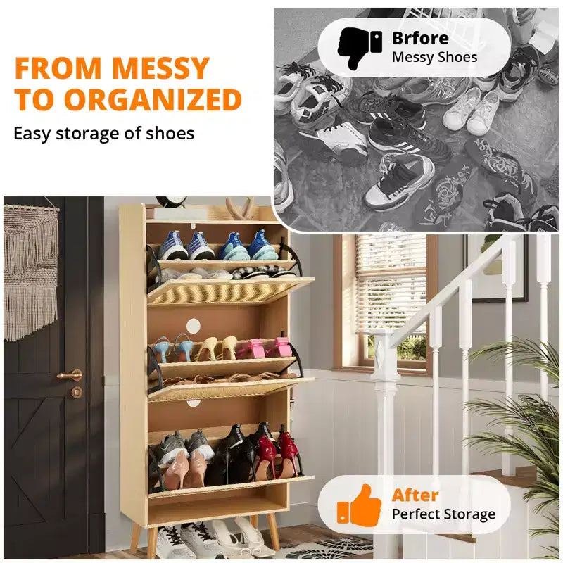 Meuble à chaussures avec 3 tiroirs basculants en rotin et dispositif anti-basculement, meuble à chaussures pour entrée, couloir, capacité de 15 à 20 paires