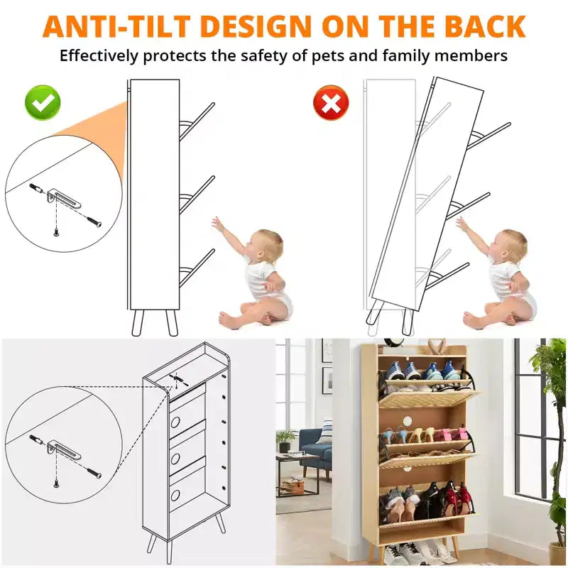 Meuble à chaussures avec 3 tiroirs basculants en rotin et dispositif anti-basculement, meuble à chaussures pour entrée, couloir, capacité de 15 à 20 paires