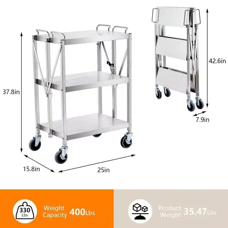 Chariot de rangement pliable à 3 niveaux avec roues, capacité de 136 kg, chariot de service roulant pour la maison, le garage, la cuisine et l'atelier