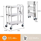 Chariot de rangement pliable à 3 niveaux avec roues, capacité de 136 kg, chariot de service roulant pour la maison, le garage, la cuisine et l'atelier