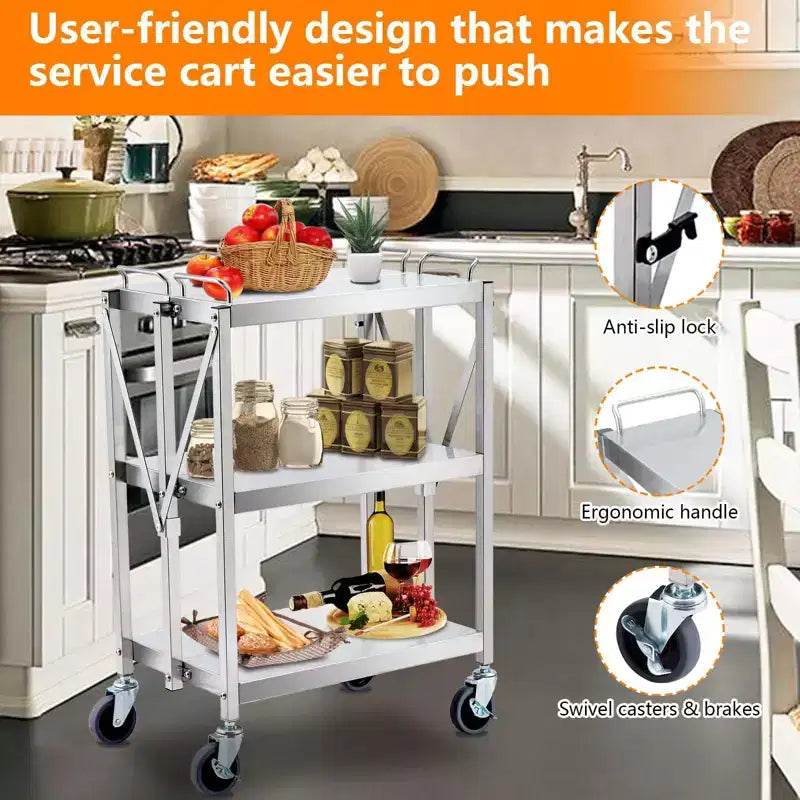 Chariot de rangement pliable à 3 niveaux avec roues, capacité de 136 kg, chariot de service roulant pour la maison, le garage, la cuisine et l'atelier