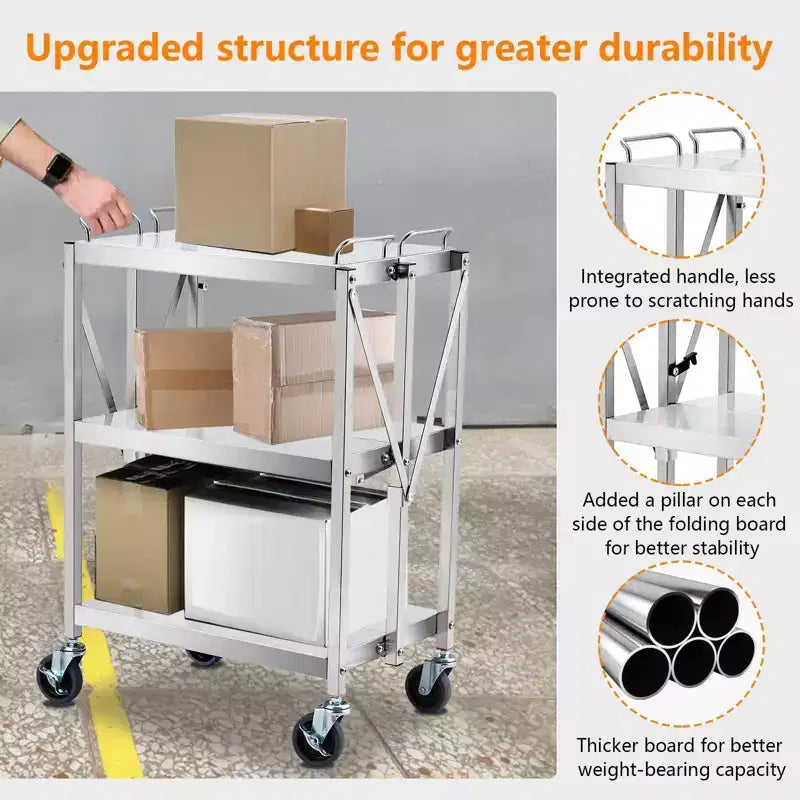 Chariot de rangement pliable à 3 niveaux avec roues, capacité de 136 kg, chariot de service roulant pour la maison, le garage, la cuisine et l'atelier