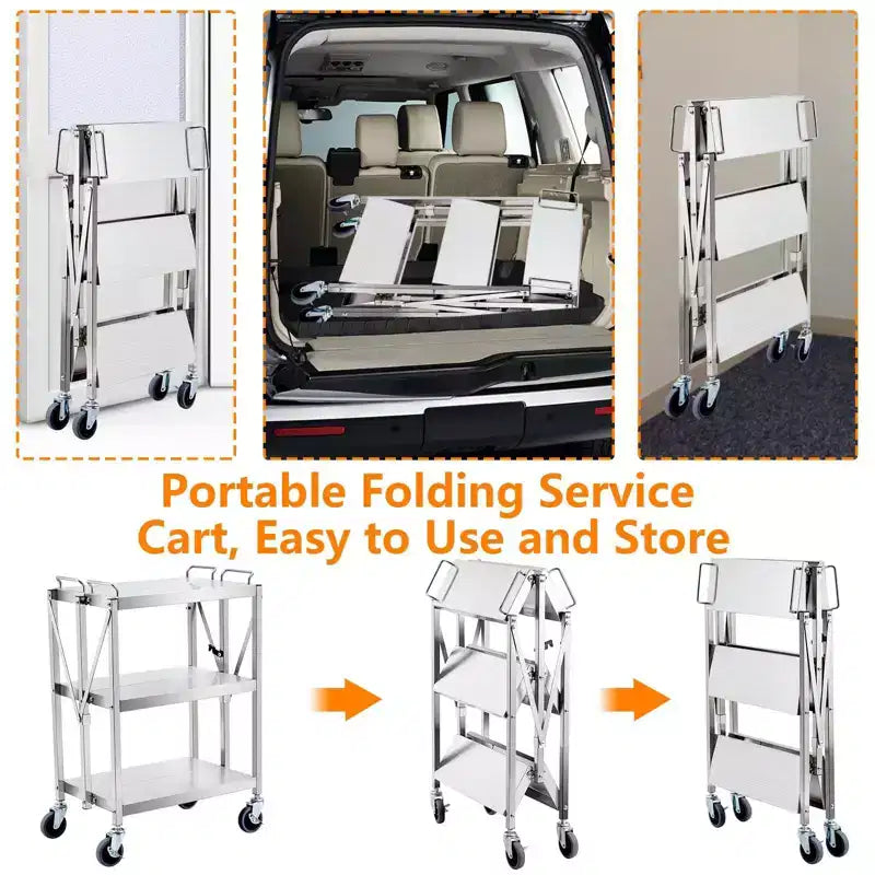 Chariot de rangement pliable à 3 niveaux avec roues, capacité de 136 kg, chariot de service roulant pour la maison, le garage, la cuisine et l'atelier