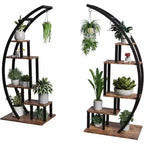 Acekool Grand support à plantes à 5 niveaux, étagère de présentation semi-circulaire en métal et bois avec crochets, organiseur d'angle intérieur et extérieur, 142 cm