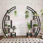 Acekool Grand support à plantes à 5 niveaux, étagère de présentation semi-circulaire en métal et bois avec crochets, organiseur d'angle intérieur et extérieur, 142 cm