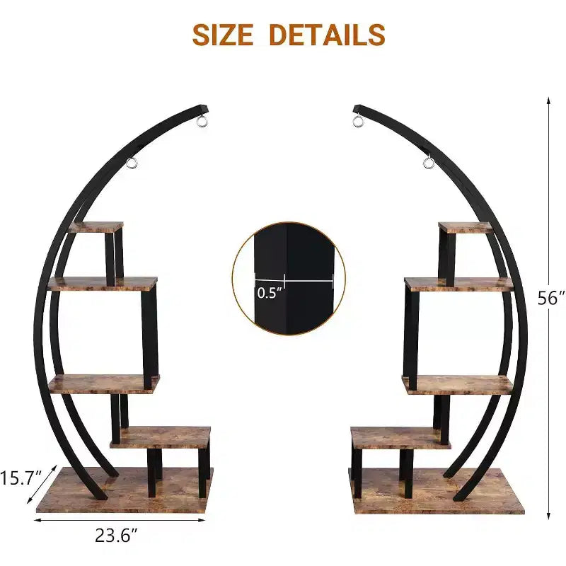 Acekool Grand support à plantes à 5 niveaux, étagère de présentation semi-circulaire en métal et bois avec crochets, organiseur d'angle intérieur et extérieur, 142 cm
