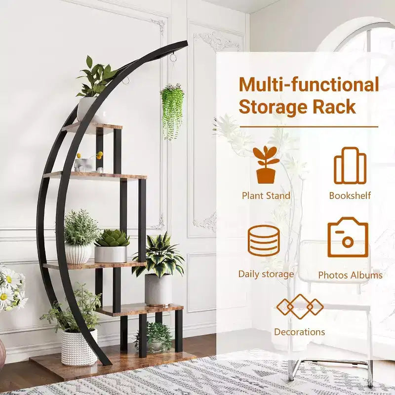 Acekool Grand support à plantes à 5 niveaux, étagère de présentation semi-circulaire en métal et bois avec crochets, organiseur d'angle intérieur et extérieur, 142 cm